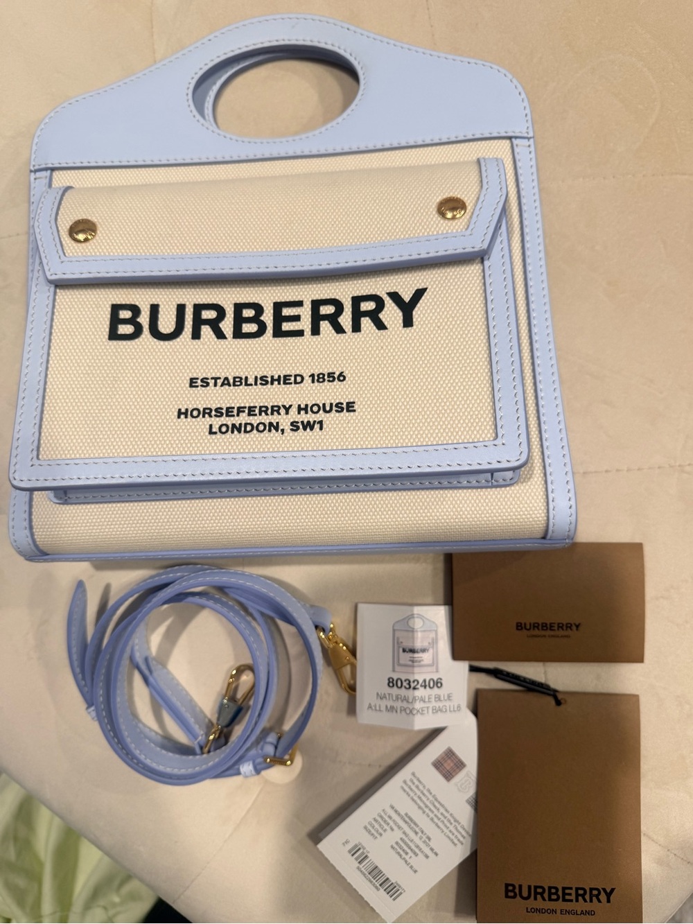 Burberry Natural Pale Blue All MN Pocket Bag LL6 NWT Long strap